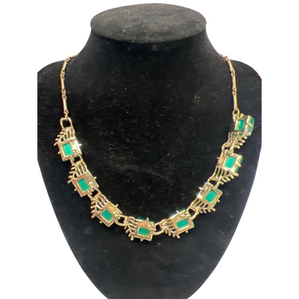 Coro Signed Vintage 1940's Green Turqouis Lucite Thermoset Silver Necklace - Picture 3 of 9